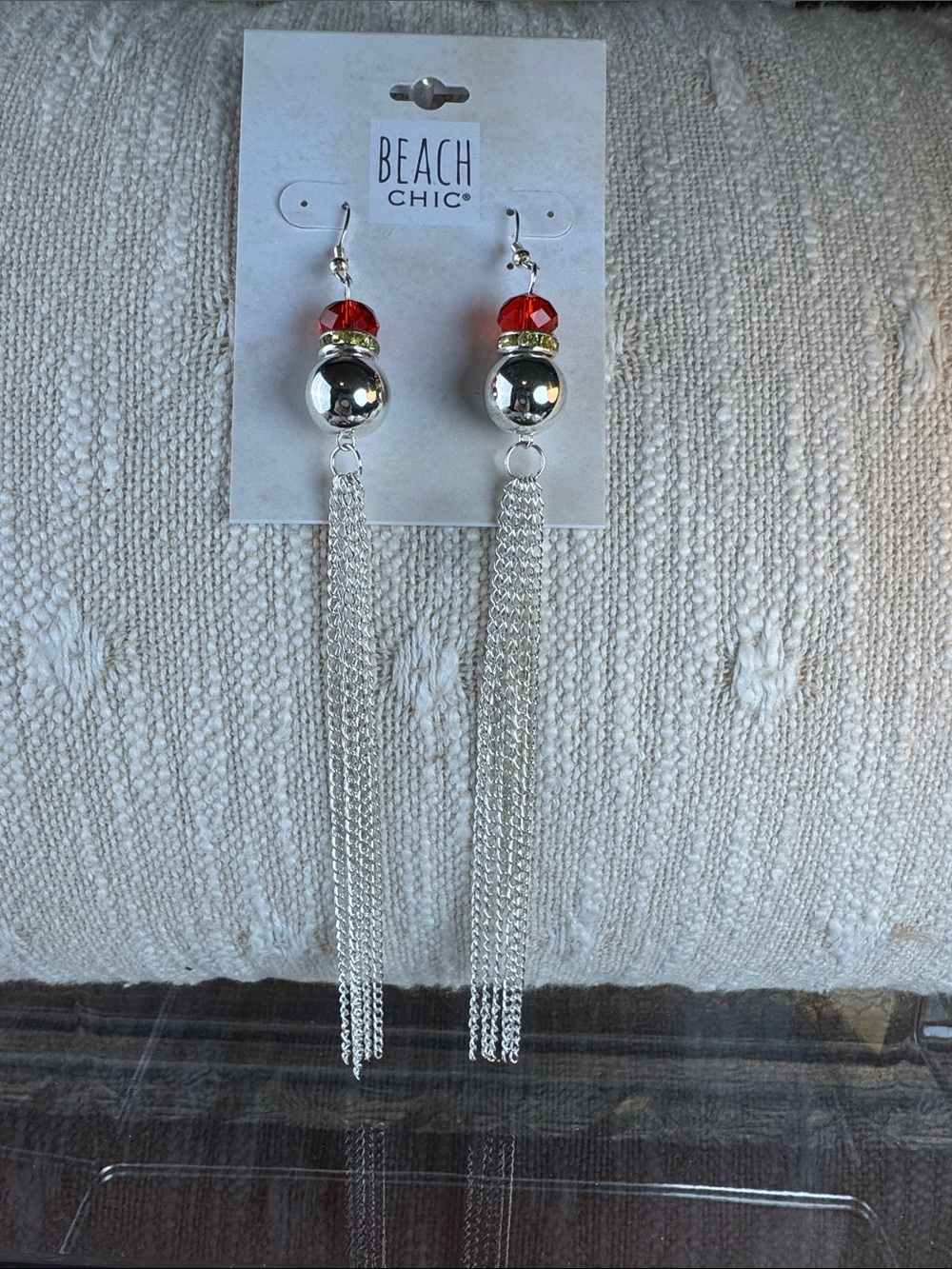 0547-Beach Chic Silver Tassel Drop Earrings with Red Bead